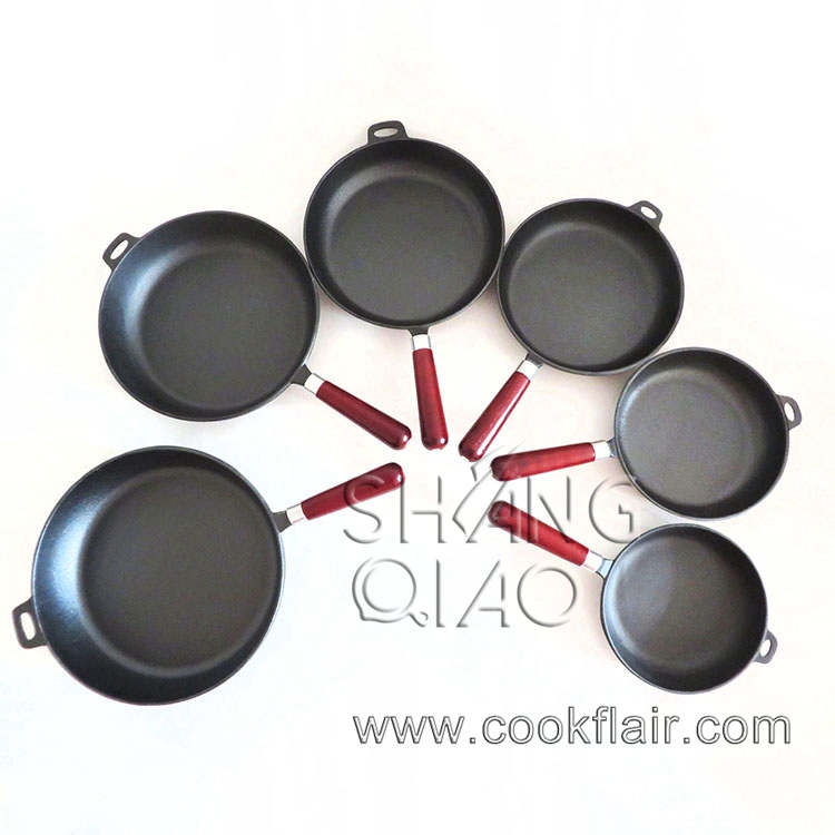 Set of 6 Pieces Pre-seasoned Cast Iron Fry Pan Set with Wooden Handle