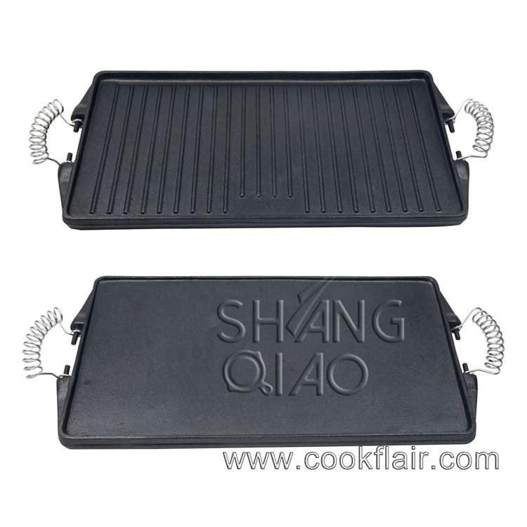Pre-seasoned Cast Iron Double Side Griddle Pan with Wire Handles